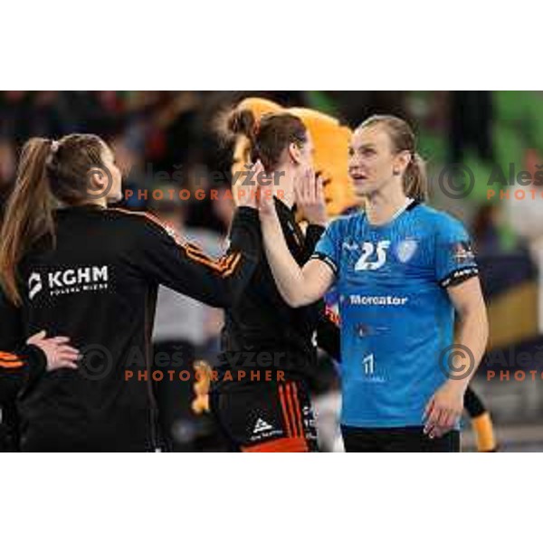 Barbara Lazovic of Krim Mercator celebrates win after EHF Champions League Women handball match between Krim Mercator (SLO) and Zaglebie Lubin (POL) in Ljubljana, Slovenia on February 17, 2024. Foto: Filip Barbalic