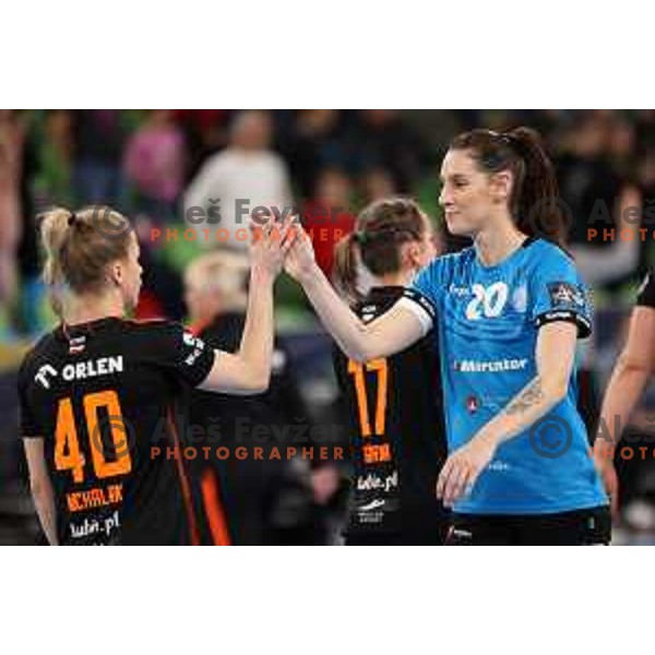 Alja Varagic of Krim Mercator celebrates win after EHF Champions League Women handball match between Krim Mercator (SLO) and Zaglebie Lubin (POL) in Ljubljana, Slovenia on February 17, 2024. Foto: Filip Barbalic