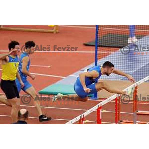 Filip Jakob Demsar, winner of Men\'s 60 meters hurdles at Slovenian Athletics Indoor Championship in Novo Mesto, Slovenia on February 18, 2024