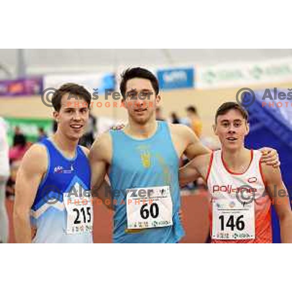 Rok Markelj, second placed, Jan Vukovic, winner of Men\'s 800 meters and third placed Zan Ogrinc at Slovenian Athletics Indoor Championship in Novo Mesto, Slovenia on February 18, 2024