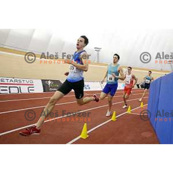 Rok Markelj, second placed and Jan Vukovic, winner of Men\'s 800 meters at Slovenian Athletics Indoor Championship in Novo Mesto, Slovenia on February 18, 2024