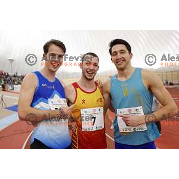 Rok Markelj, second placed and Jan Vukovic, winner of Men\'s 800 meters at Slovenian Athletics Indoor Championship in Novo Mesto, Slovenia on February 18, 2024