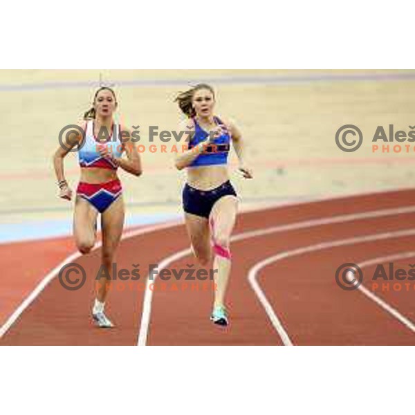 Pika Bikar Kern, runner-up and Maja Mihalinec Zidar, winner of Women\'s 200 meters at Slovenian Athletics Indoor Championship in Novo Mesto, Slovenia on February 18, 2024