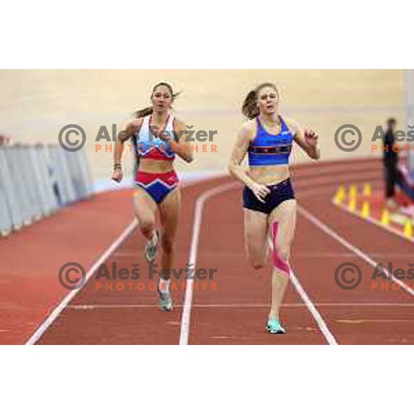 Pika Bikar Kern, runner-up and Maja Mihalinec Zidar, winner of Women\'s 200 meters at Slovenian Athletics Indoor Championship in Novo Mesto, Slovenia on February 18, 2024