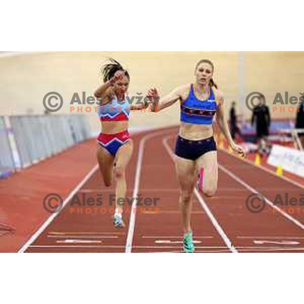 Pika Bikar Kern, runner-up and Maja Mihalinec Zidar, winner of Women\'s 200 meters at Slovenian Athletics Indoor Championship in Novo Mesto, Slovenia on February 18, 2024