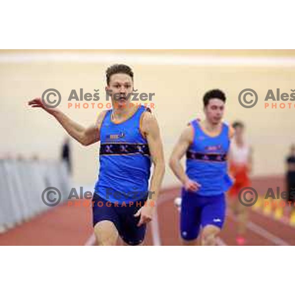 Lovro Mesec Kosir, winner of Men\'s 200 meters at Slovenian Athletics Indoor Championship in Novo Mesto, Slovenia on February 18, 2024 