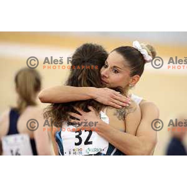 Nika Glojnaric, winner of Women\'s 60 meters hurdles and Joni Tomicic Prezelj at Slovenian Athletics Indoor Championship in Novo Mesto, Slovenia on February 18, 2024