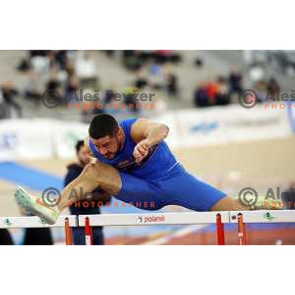 Filip Jakob Demsar, winner of Men\'s 60 meters hurdles at Slovenian Athletics Indoor Championship in Novo Mesto, Slovenia on February 18, 2024