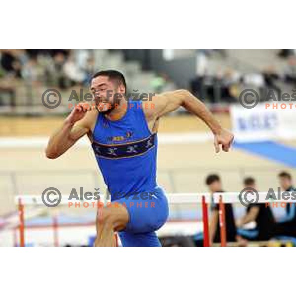 Filip Jakob Demsar, winner of Men\'s 60 meters hurdles at Slovenian Athletics Indoor Championship in Novo Mesto, Slovenia on February 18, 2024