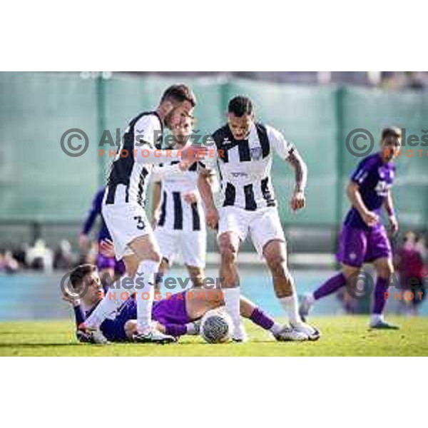 Di Mateo Lovric and Thalisson Charles Alves Moreira in action during Prva liga Telemach football match between Rogaska and Maribor in Sportni center Rogaska Slatina, Slovenia on February 25, 2024. Photo: Jure Banfi