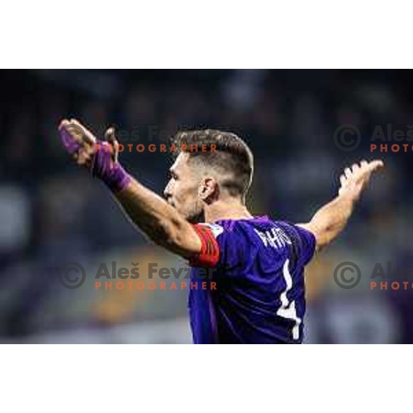 Blaz Vrhovec celebrating during Prva liga Telemach football match between Maribor and Domzale in Ljudski vrt, Maribor, Slovenia on March 2, 2024. Photo: Jure Banfi