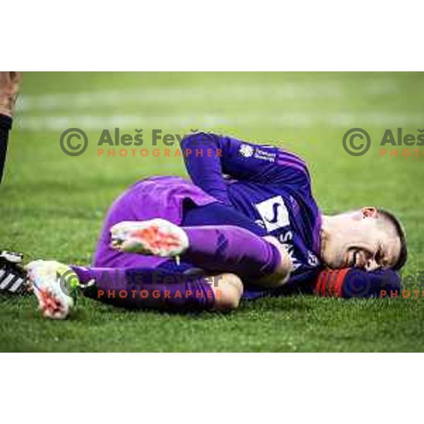 Martin Milec injured during Slovenian cup 2023/2024 football match between Maribor and Radomlje in Ljudski vrt, Maribor, Slovenia on March 6, 2024. Photo: Jure Banfi