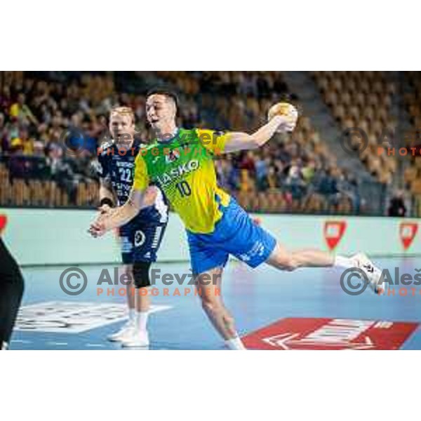 Tim Cokan in action during EHF Champions League handball match between RK Celje Pivovarna Lasko and GOG handball in Dvorana Zlatorog, Celje, Slovenia on March 7, 2024.