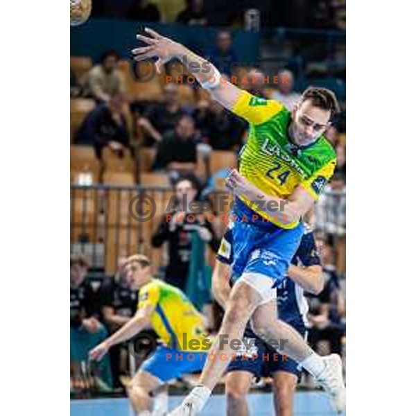 Uros Milicevic in action during EHF Champions League handball match between RK Celje Pivovarna Lasko and GOG handball in Dvorana Zlatorog, Celje, Slovenia on March 7, 2024.