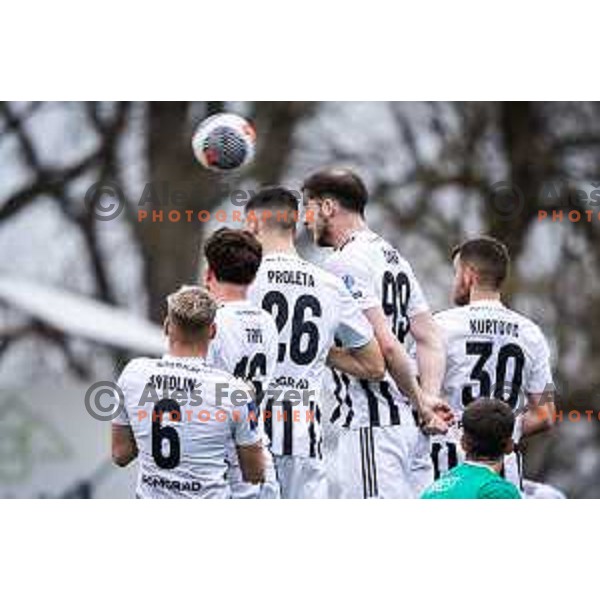 Aljaz Antolin, Filippo Tripi, Borna Proleta, Robert Caks and Almin Kurtovic in action during Prva liga Telemach football match between Mura and Olimpija in Fazanerija, Murska Sobota, Slovenia on March 10, 2024. Photo: Jure Banfi