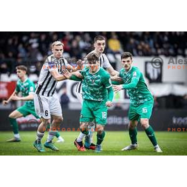 Aljaz Antolin and Borna Proleta vs Marko Brest and Ahmet Muhamedbegovic in action during Prva liga Telemach football match between Mura and Olimpija in Fazanerija, Murska Sobota, Slovenia on March 10, 2024. Photo: Jure Banfi