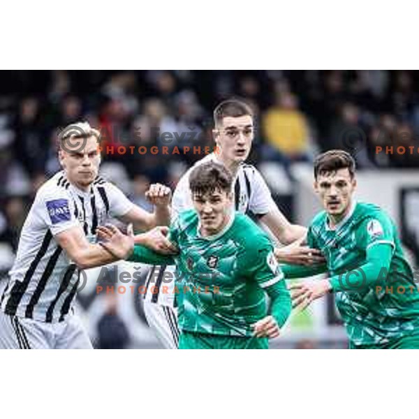 Aljaz Antolin and Borna Proleta vs Marko Brest and Ahmet Muhamedbegovic in action during Prva liga Telemach football match between Mura and Olimpija in Fazanerija, Murska Sobota, Slovenia on March 10, 2024. Photo: Jure Banfi