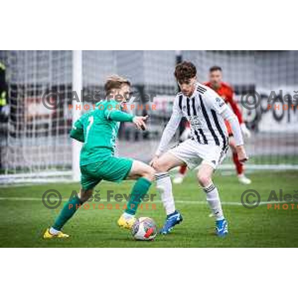 Justas Lasickas vs Filippo Tripi in action during Prva liga Telemach football match between Mura and Olimpija in Fazanerija, Murska Sobota, Slovenia on March 10, 2024. Photo: Jure Banfi
