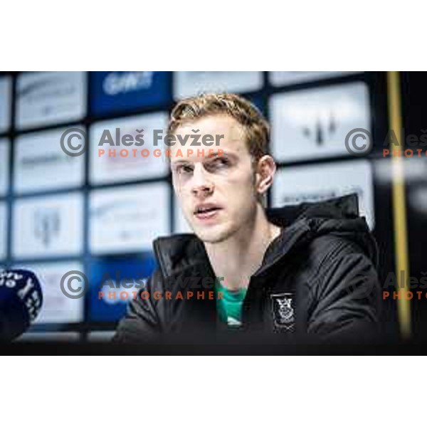 Justas Lasickas at the press conference after Prva liga Telemach football match between Mura and Olimpija in Fazanerija, Murska Sobota, Slovenia on March 10, 2024. Photo: Jure Banfi