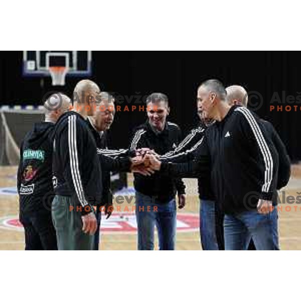 Jaka Daneu, Tomo Mahoric, Klemen Zaletel, Boris Gorenc and Roman Horvat during basketball meeting of Smelt Olimpija players of 1993-1994 season at 30th anniversary of victory 91-81 over Tau Ceramica in the Final of FIBA European Cup Cup in Lousanne, Switzerland. Players met in legendary Tivoli Hall, Ljubljana, Slovenia on March 15, 2024