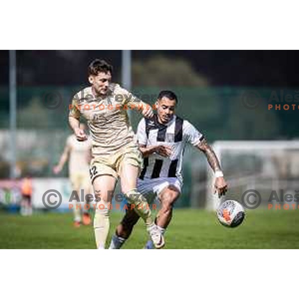 Zan Trontelj vs Thalisson Charles Alves Moreira in action during Prva liga Telemach football match between Rogaska and Mura in Sportni center Rogaska Slatina, Slovenia on March 17, 2024. Photo: Jure Banfi