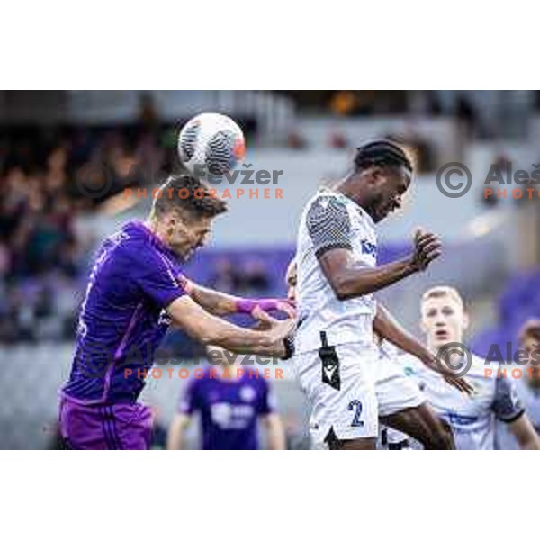 Blaz Vrhovec vs Mark Pabai in action during Prva liga Telemach football match between Maribor and Koper in Ljudski vrt, Maribor, Slovenia on March 17, 2024. Photo: Jure Banfi