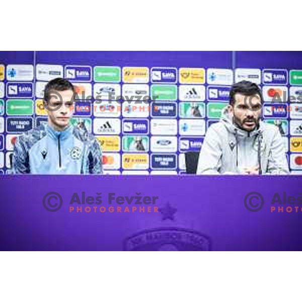 Matej Palcic and Aleksandar Radosavljevic, head coach of Koper at the press conference after Prva liga Telemach football match between Maribor and Koper in Ljudski vrt, Maribor, Slovenia on March 17, 2024. Photo: Jure Banfi