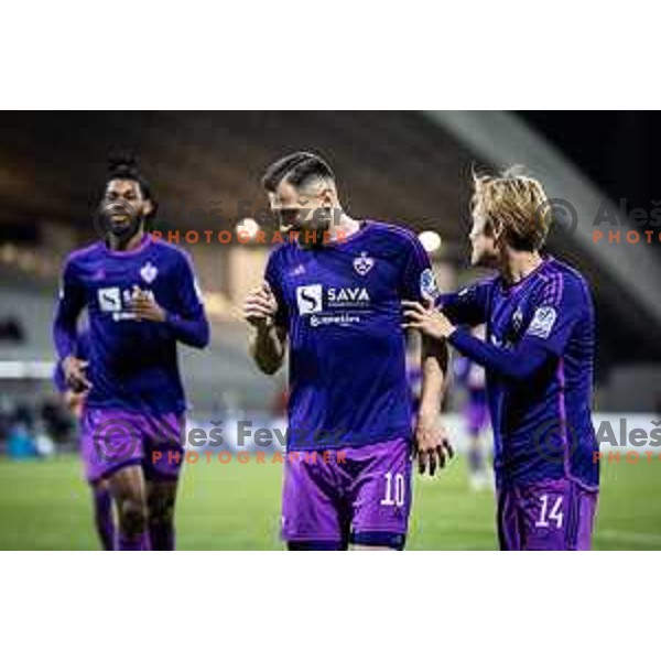 Maks Barisic and Itsuki Urata celebrating during Prva liga Telemach football match between Maribor and Koper in Ljudski vrt, Maribor, Slovenia on March 17, 2024. Photo: Jure Banfi