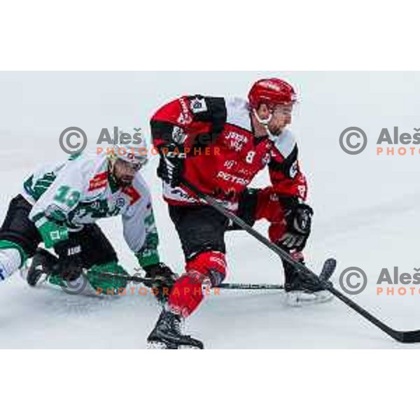 PANCE Ziga of HK SZ Olimpija and URUKALO Ziga of HDD SIJ Acroni Jesenice In action during the fourth game of the Final of the Slovenian Ice-hockey League between SZ Olimpija and SIJ Acroni Jesenice in Tivoli Hall, Ljubljana, Slovenia on March 15, 2024