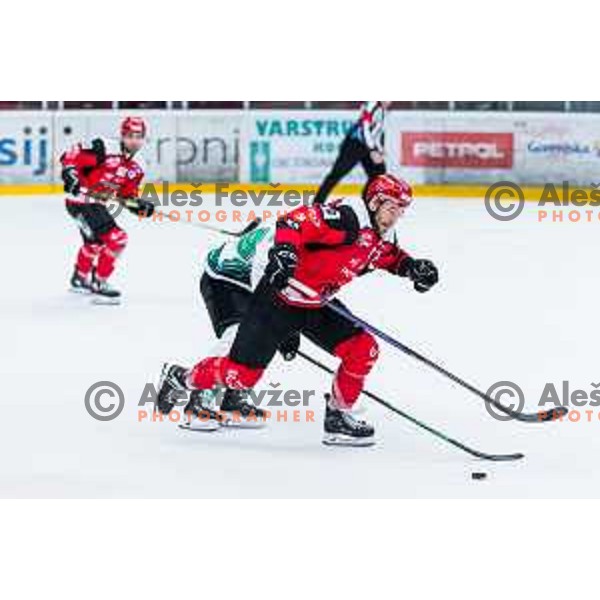 Zan Jezovsek of HDD Sij Jesenice In action during the fourth game of the Final of the Slovenian Ice-hockey League between SZ Olimpija and SIJ Acroni Jesenice in Tivoli Hall, Ljubljana, Slovenia on March 15, 2024