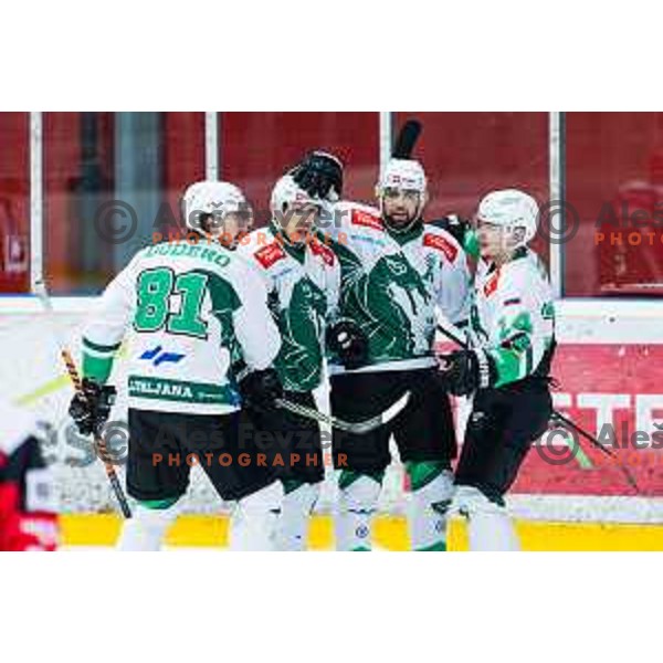 DODERO Charles of HK SZ Olimpija, GOOCH Trevor of HK SZ Olimpija, PANCE Ziga of HK SZ Olimpija, COSIC Jan of HK SZ Olimpija In action during the fourth game of the Final of the Slovenian Ice-hockey League between SZ Olimpija and SIJ Acroni Jesenice in Tivoli Hall, Ljubljana, Slovenia on March 15, 2024