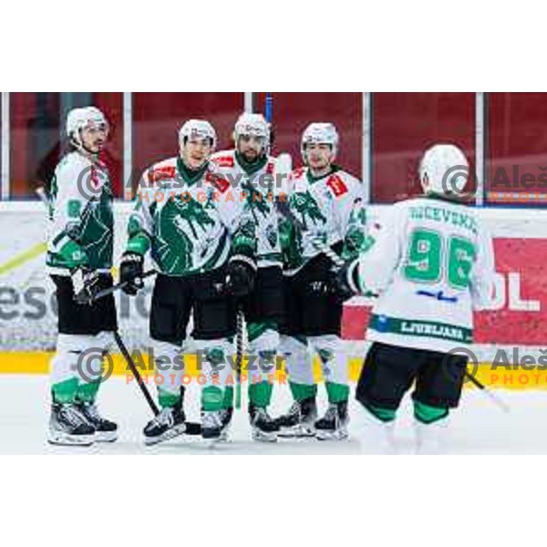 DODERO Charles of HK SZ Olimpija, GOOCH Trevor of HK SZ Olimpija, PANCE Ziga of HK SZ Olimpija, COSIC Jan of HK SZ Olimpija In action during the fourth game of the Final of the Slovenian Ice-hockey League between SZ Olimpija and SIJ Acroni Jesenice in Tivoli Hall, Ljubljana, Slovenia on March 15, 2024