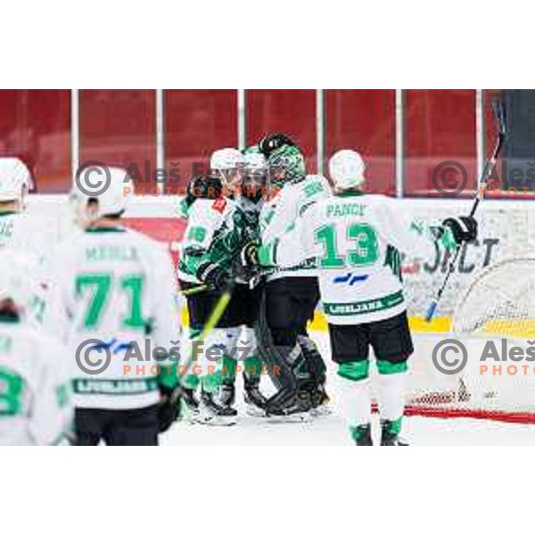 BICEVSKIS Maris of HK SZ Olimpija, MAGOVAC Aleksandar of HK SZ Olimpija and Lukas Horak of HK SZ Olimpija In action during the fourth game of the Final of the Slovenian Ice-hockey League between SZ Olimpija and SIJ Acroni Jesenice in Tivoli Hall, Ljubljana, Slovenia on March 15, 2024