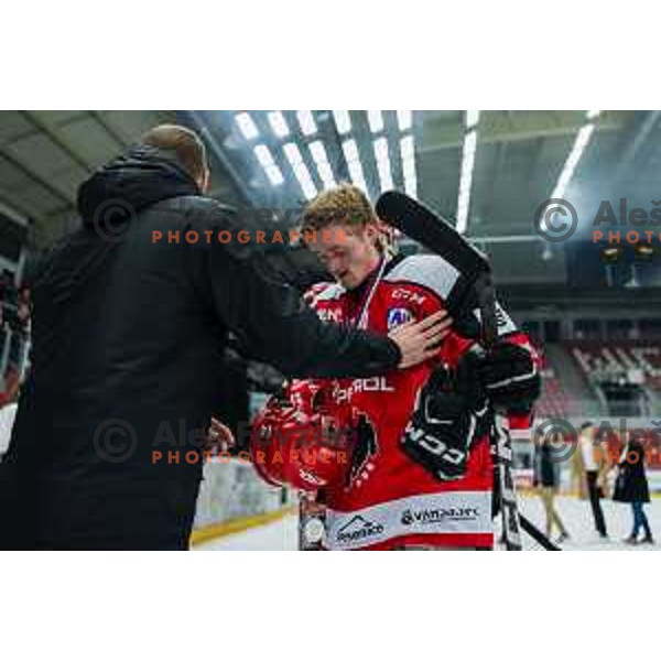 In action during the fourth game of the Final of the Slovenian Ice-hockey League between SZ Olimpija and SIJ Acroni Jesenice in Tivoli Hall, Ljubljana, Slovenia on March 15, 2024