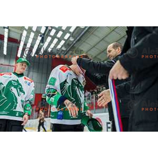 In action during the fourth game of the Final of the Slovenian Ice-hockey League between SZ Olimpija and SIJ Acroni Jesenice in Tivoli Hall, Ljubljana, Slovenia on March 15, 2024