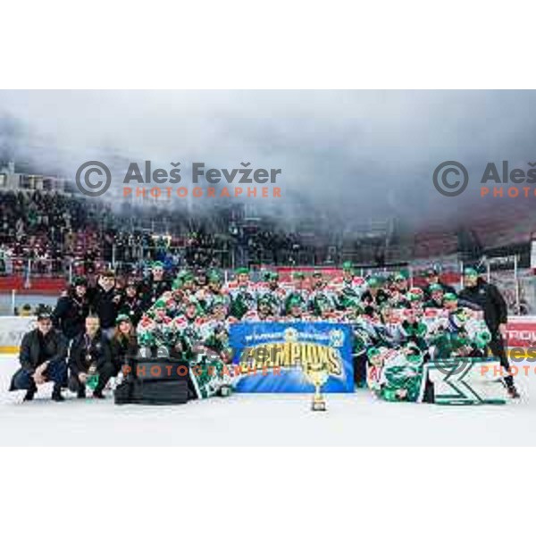 Team HK SZ Olimpija In action during the fourth game of the Final of the Slovenian Ice-hockey League between SZ Olimpija and SIJ Acroni Jesenice in Tivoli Hall, Ljubljana, Slovenia on March 15, 2024