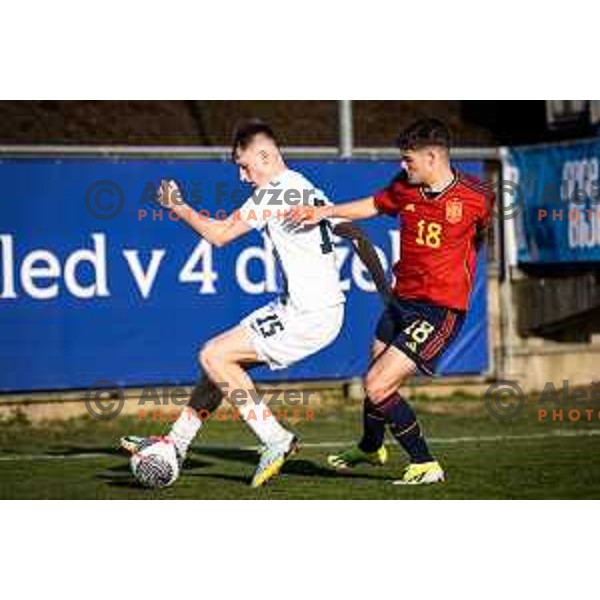 in action during UEFA Euro U19 2024 Championship qualifier football match between Spain and Slovenia in Lendava, Slovenia on March 20, 2024. Photo: Jure Banfi