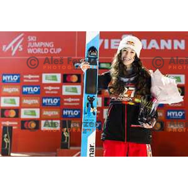 Alexandria Loutitt of Canada in action during trophy ceremony after the final round of FIS Ski Jumping competition in Planica, Slovenia on March 21, 2024