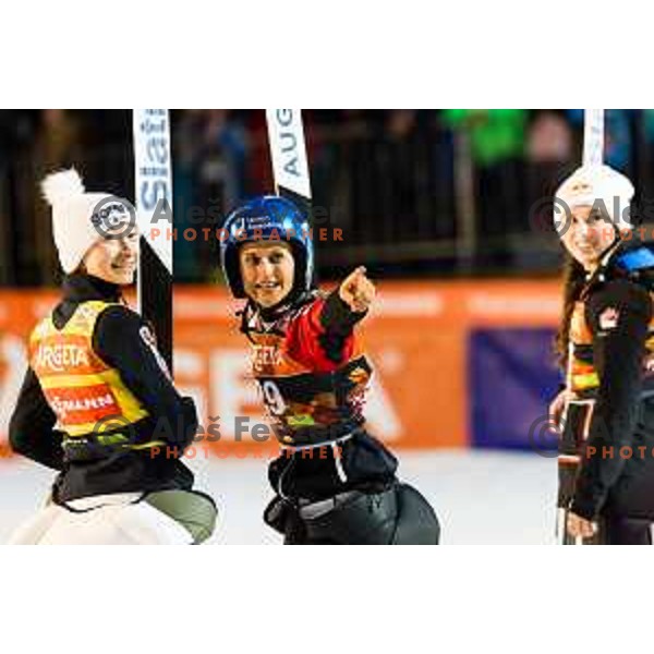 Nika Prevc of Slovenia and Eva Pinkelnig of Austria in action during the final round of FIS Ski Jumping competition in Planica, Slovenia on March 21, 2024