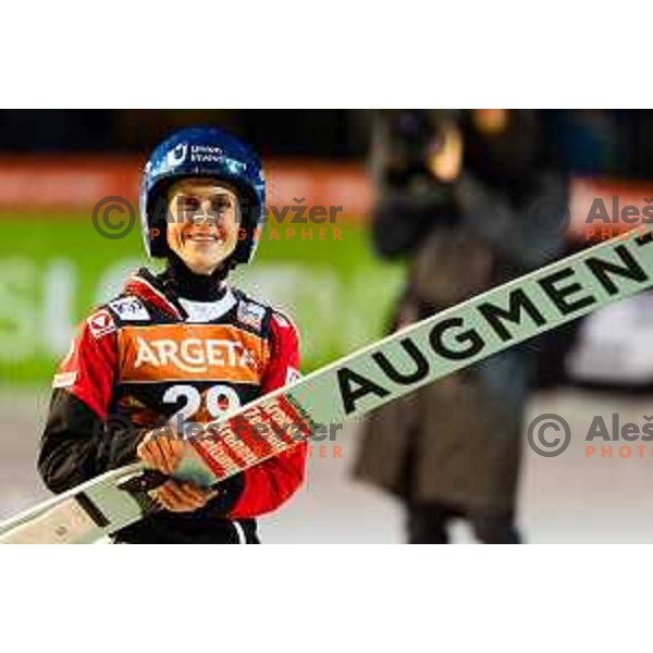 Eva Pinkelnig of Austria in action during the final round of FIS Ski Jumping competition in Planica, Slovenia on March 21, 2024