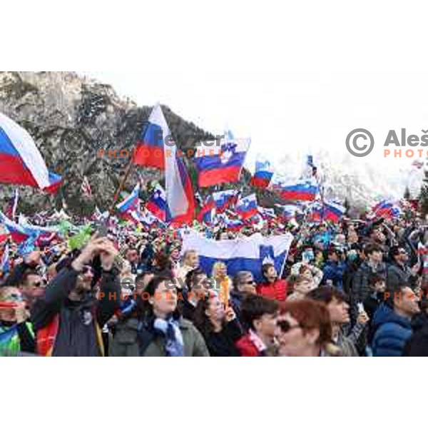 Slovenian fans with flags and banners support ski jumpers at Team Competition during the Final of the World Cup ski jumping in Planica, Slovenia on March 23, 2024