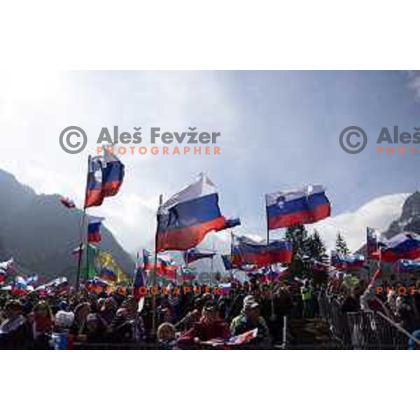 Slovenian fans with flags and banners support ski jumpers at Team Competition during the Final of the World Cup ski jumping in Planica, Slovenia on March 23, 2024