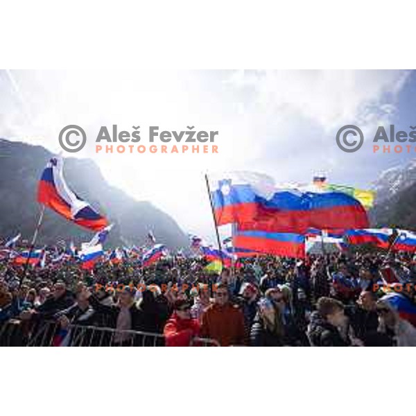 Slovenian fans with flags and banners support ski jumpers at Team Competition during the Final of the World Cup ski jumping in Planica, Slovenia on March 23, 2024