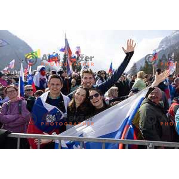 Slovenian fans with flags and banners support ski jumpers at Team Competition during the Final of the World Cup ski jumping in Planica, Slovenia on March 23, 2024