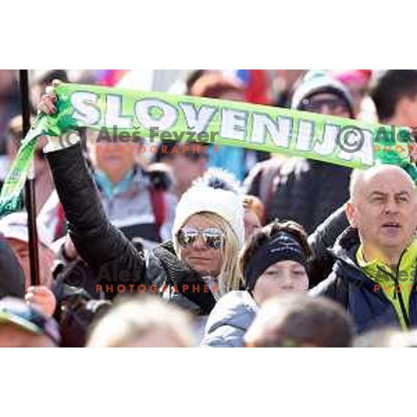 Slovenian fans with flags and banners support ski jumpers at Team Competition during the Final of the World Cup ski jumping in Planica, Slovenia on March 23, 2024