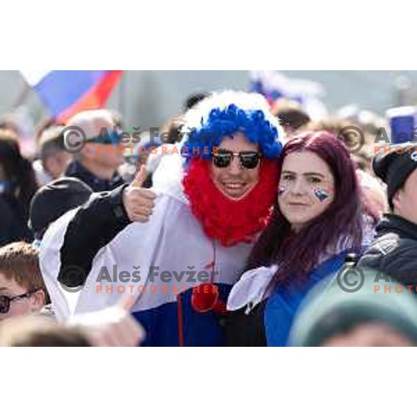 Slovenian fans with flags and banners support ski jumpers at Team Competition during the Final of the World Cup ski jumping in Planica, Slovenia on March 23, 2024