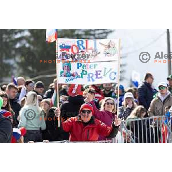 Slovenian fans with flags and banners support ski jumpers at Team Competition during the Final of the World Cup ski jumping in Planica, Slovenia on March 23, 2024