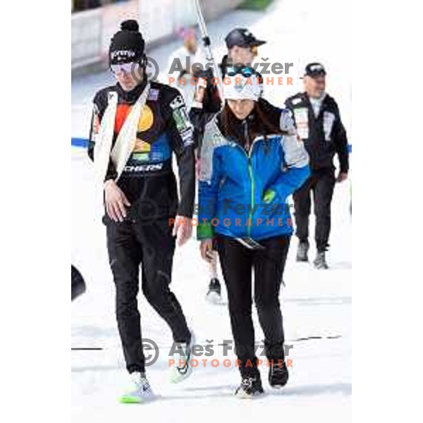 Injured Timi Zajc (SLO) in the finish area of Team Competition during the Final of the World Cup ski jumping in Planica, Slovenia on March 23, 2024