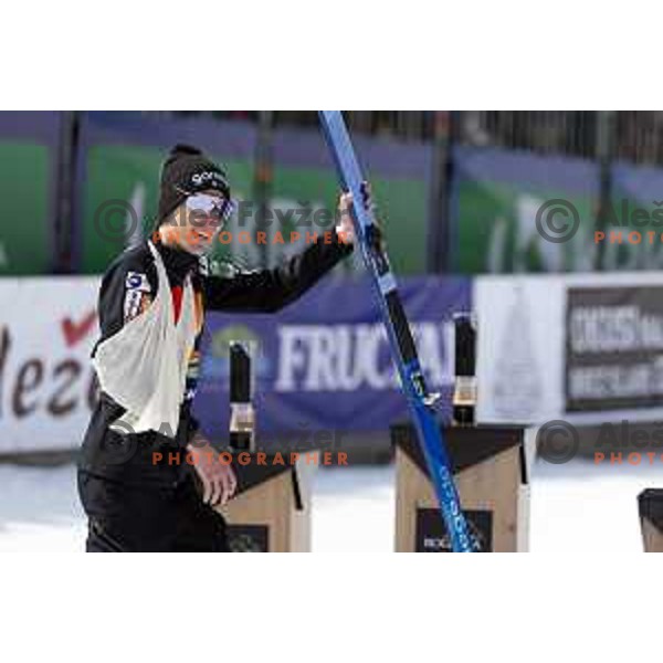 Injured Timi Zajc (SLO) in the finish area of Team Competition during the Final of the World Cup ski jumping in Planica, Slovenia on March 23, 2024