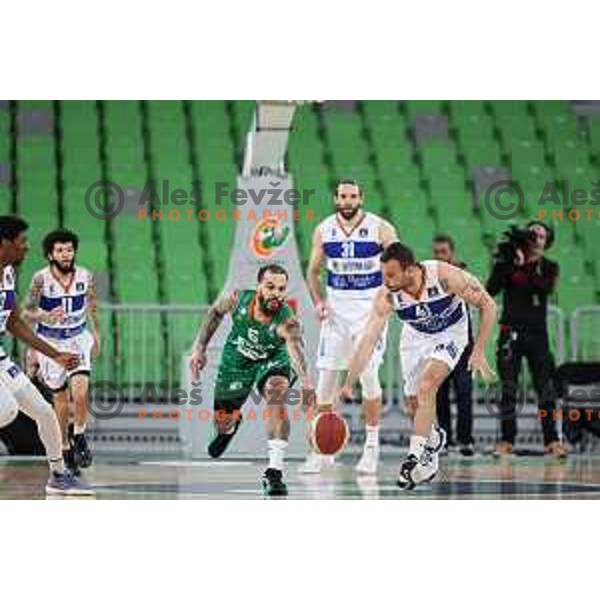 Justin Cobbs and Nemanja Vranjes in action during ABA League 2023-2024 regular season basketball match between Cedevita Olimpija and Mornar Barsko Zlato in Ljubljana, Slovenia on March 23, 2024